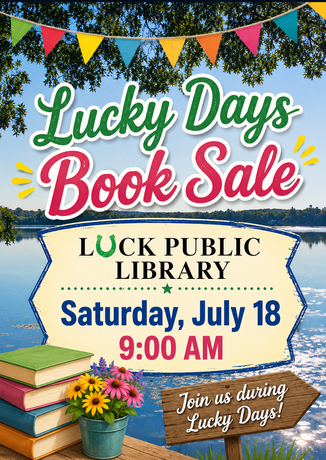 Colorful Lucky Days Book Sale flyer featuring a sunny lake scene, festive pennant flags, stacks of books, and flowers. Text reads: “Lucky Days Book Sale, Luck Public Library, Saturday, July 18, 9:00 AM. Join us during Lucky Days!”